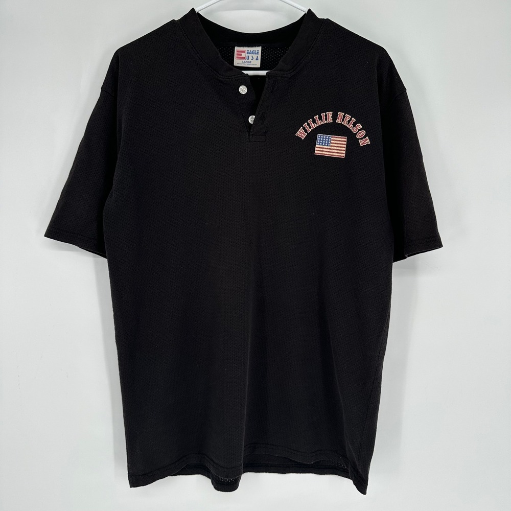 Vintage Eagle USA Willie Nelson 07 Henley Shirt Black Mens Large American Flag